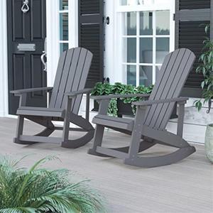 Savannah All-Weather Poly Resin Wood Adirondack Rocking Chair with Rust Resistant Stainless Steel Hardware in Gray - Set of 2