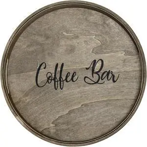 Elegant Designs Decorative 13.75" Round Wood Serving Tray w/ Handles, "Coffee Bar"