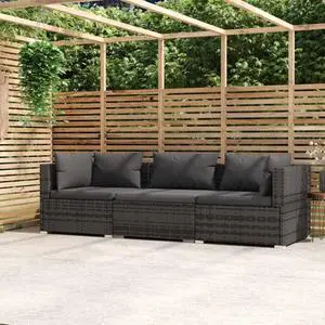 vidaXL 3-Seater Sofa with Cushions Gray Poly Rattan
