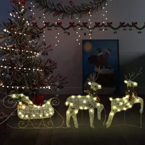 vidaXL Christmas Decoration Lighted Reindeer and Sleigh with 60 LEDs Gold