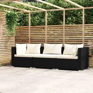 vidaXL 3-Seater Sofa with Cushions Black Poly Rattan