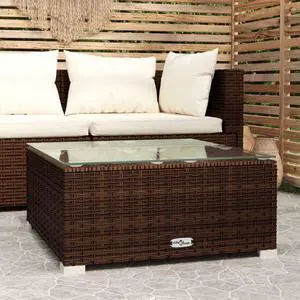 vidaXL Patio Coffee Table Brown 23.6"x23.6"x11.8" Poly Rattan & Glass