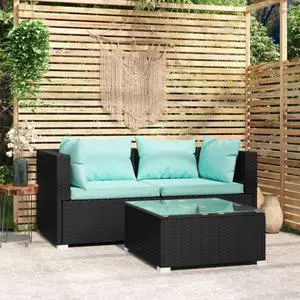 vidaXL 3 Piece Patio Lounge Set with Cushions Black Poly Rattan