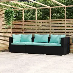 vidaXL 3-Seater Sofa with Cushions Black Poly Rattan