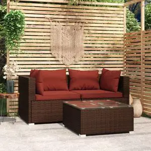 vidaXL 3 Piece Patio Lounge Set with Cushions Brown Poly Rattan