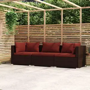 vidaXL 3-Seater Sofa with Cushions Brown Poly Rattan