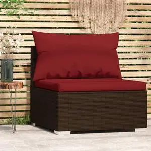 vidaXL Patio Middle Sofa with Cushions Brown Poly Rattan