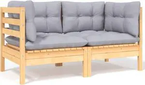 vidaXL 2-Seater Patio Sofa with Gray Cushions Solid Pinewood