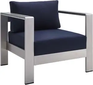 Shore Sunbrella Fabric Aluminum Outdoor Patio Armchair Silver Navy