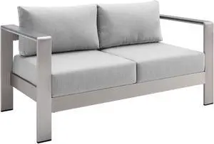 Shore Sunbrella Fabric Aluminum Outdoor Patio Loveseat Silver Gray