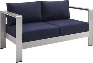 Shore Sunbrella Fabric Aluminum Outdoor Patio Loveseat Silver Navy