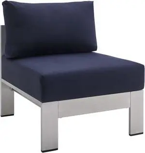 Shore Sunbrella Fabric Aluminum Outdoor Patio Armless Chair Silver Navy Shore Sunbrella Fabric Aluminum Outdoor Patio Armless Chair Silver Navy