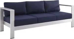 Shore Sunbrella Fabric Aluminum Outdoor Patio Sofa Silver Navy