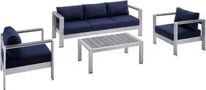 Shore Sunbrella Fabric Outdoor Patio Aluminum 4 Piece Set Silver Navy