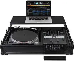 BLACK LABEL LOW PROFILE (1-TEIR) GLIDE STYLE DJ COFFIN W/WHLS FOR A 10" FORMAT DJ MIXER & ONE TURNTABLE IN BATTLE POSITION
