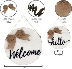 Welcome Hello Reversible Wood Wall Dcor with Burlap Bow (White)