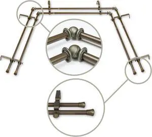 Basic 5/8 inch Double Bay Curtain Rod 20"-36", 38"-72" - Antique Gold