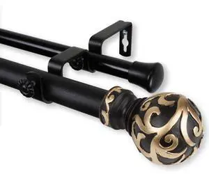 Terreca Double Curtain Rod 1" OD 66-120 inch  - Black