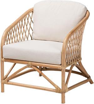 Baxton Studio Patsy Modern Bohemian White Fabric and Natural Brown Rattan Armchair