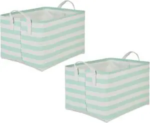 DII PE-Coated Cotton Polyester Laundry Bin Stripe Aqua Rectangle Extra Large 12.5x17.5x10.5 (Set of 2)