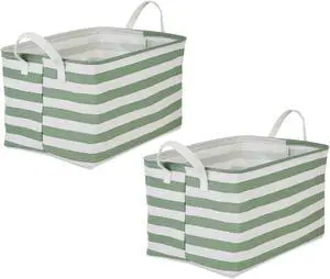DII PE-Coated Cotton Polyester Laundry Bin Stripe Artichoke Green  Rectangle Extra Large 12.5x17.5x10.5 (Set of 2)