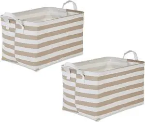 DII PE-Coated Cotton Polyester Laundry Bin Stripe Stone Rectangle Extra Large 12.5x17.5x10.5 (Set of 2)
