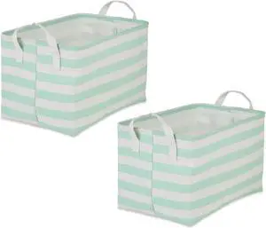 DII PE-Coated Cotton Polyester Laundry Bin Stripe Aqua Rectangle Large 10.5x17.5x10.5 (Set of 2)