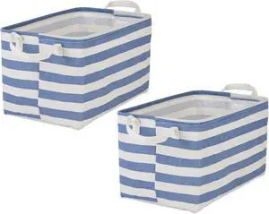 DII PE-Coated Cotton Polyester Laundry Bin Stripe French Blue Rectangle Large 10.5x17.5x10.5 (Set of 2)