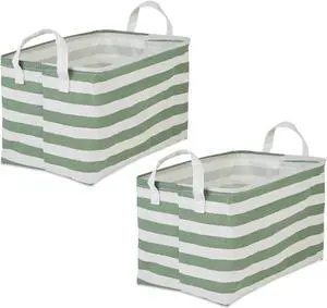 DII PE-Coated Cotton Polyester Laundry Bin Stripe Artichoke Green Rectangle Large 10.5x17.5x10.5 (Set of 2)