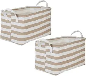 DII PE-Coated Cotton Polyester Laundry Bin Stripe Stone Rectangle Large 10.5x17.5x10.5 (Set of 2)