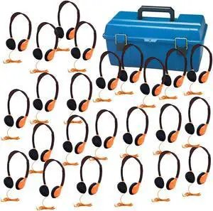 Headphone In Orange-  Multi Pack Deluxe, Foam 24 - Personal Headphones with Stereo 3.5mm plug,  5' Dura-Cord - chew-resistant cord, Foam Ear Cushions, Plastic carry case