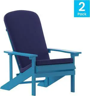 Charlestown Set of 2 All-Weather Poly Resin Wood Adirondack Chairs in Blue with Blue Cushions for Deck, Porch, and Patio