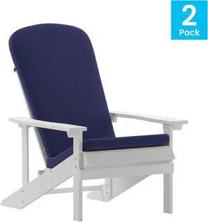 Charlestown Set of 2 All-Weather Poly Resin Wood Adirondack Chairs in White with Blue Cushions for Deck, Porch, and Patio