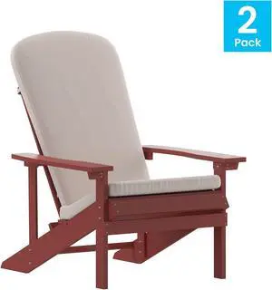 Charlestown Set of 2 All-Weather Poly Resin Wood Adirondack Chairs in Red with Cream Cushions for Deck, Porch, and Patio