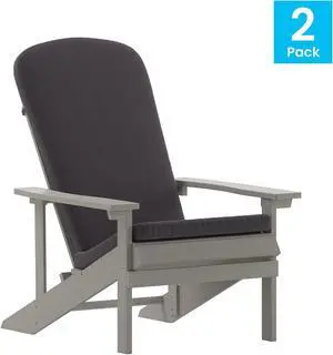 Charlestown Set of 2 All-Weather Poly Resin Wood Adirondack Chairs in Gray with Gray Cushions for Deck, Porch, and Patio