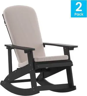 Charlestown Set of 2 All-Weather Poly Resin Indoor/Outdoor Folding Adirondack Chairs in Black with Cream Cushions for Deck, Porch, and Patio