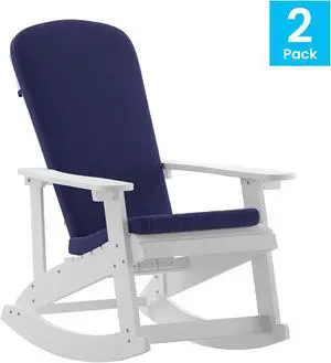Savannah Set of 2 All-Weather Poly Resin Wood Adirondack Rocking Chairs in White with Blue Cushions for Deck, Porch, and Patio