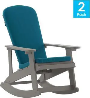 Savannah Set of 2 All-Weather Poly Resin Wood Adirondack Rocking Chairs in Gray with Teal Cushions for Deck, Porch, and Patio