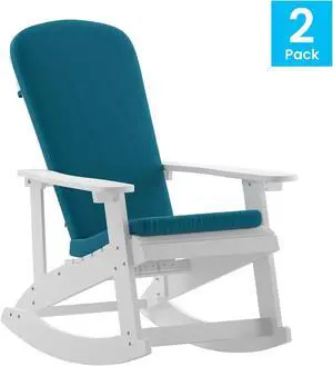 Savannah Set of 2 All-Weather Poly Resin Wood Adirondack Rocking Chairs in White with Teal Cushions for Deck, Porch, and Patio