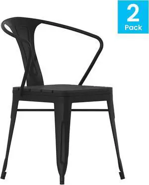 Helvey Commercial Indoor/Outdoor Black Stacking Arm Chair with Vertical Slat Back and Poly Resin Slatted Seat, Set of 2