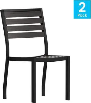 Lark Outdoor Stackable Side Chair with Gray Wash Faux Teak Poly Slats, Set of 2