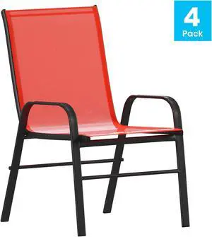 4 Pack Brazos Series Black Outdoor Stack Chair with Flex Comfort Material and Metal Frame