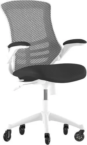 Kelista Mid-Back Black Mesh Swivel Ergonomic Task Office Chair with White Frame, Flip-Up Arms, and Transparent Roller Wheels