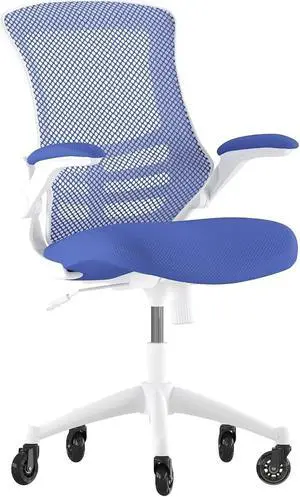 Kelista Mid-Back Blue Mesh Swivel Ergonomic Task Office Chair with White Frame, Flip-Up Arms, and Transparent Roller Wheels