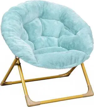 Gwen 23" Kids Cozy Mini Folding Saucer Chair, Faux Fur Moon Chair for Toddlers and Bedroom, Dusty Aqua/Soft Gold