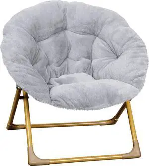 Gwen  23" Kids Cozy Mini Folding Saucer Chair, Faux Fur Moon Chair for Toddlers and Bedroom, Gray/Soft Gold