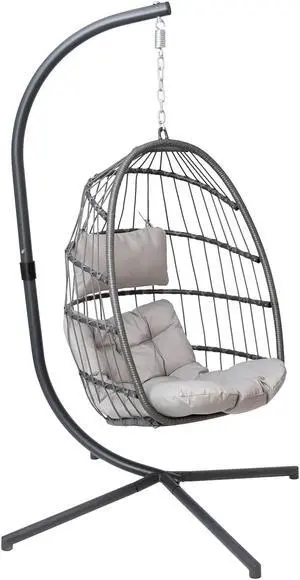 Cleo Patio Hanging Egg Chair, Wicker Hammock with Soft Seat Cushions & Swing Stand, Indoor/Outdoor Gray Frame-Gray Cushions