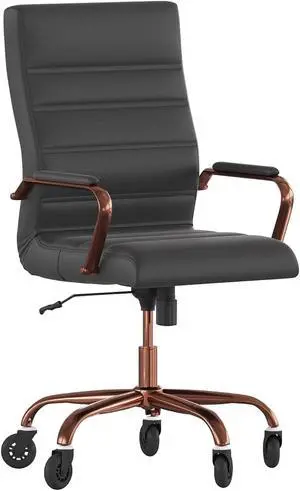 Whitney High Back Black LeatherSoft Executive Swivel Office Chair with Rose Gold Frame, Arms, and Transparent Roller Wheels