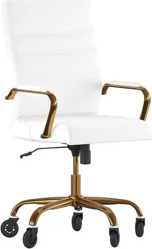 Whitney High Back White LeatherSoft Executive Swivel Office Chair with Gold Frame, Arms, and Transparent Roller Wheels