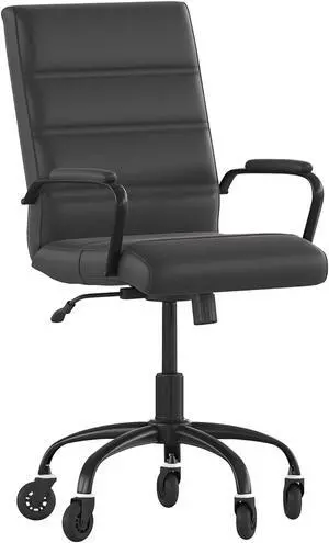 Camilia Mid-Back Black LeatherSoft Executive Swivel Office Chair with Black Frame, Arms, and Transparent Roller Wheels